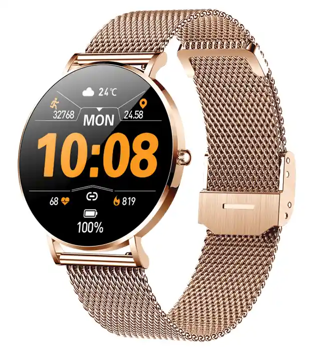Zlaté dámské chytré hodinky GoldenSophist s AMOLED displejem a tenkým kovovým tělem