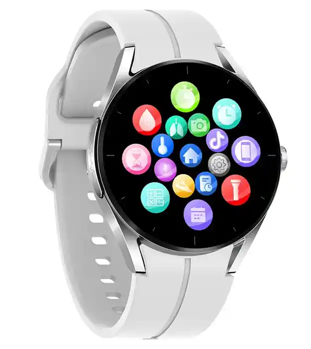 KS05 EliteEra Silver Pro – Elegantní chytré hodinky se stříbrným tělem a silikonovým řemínkem | Nelemi.cz