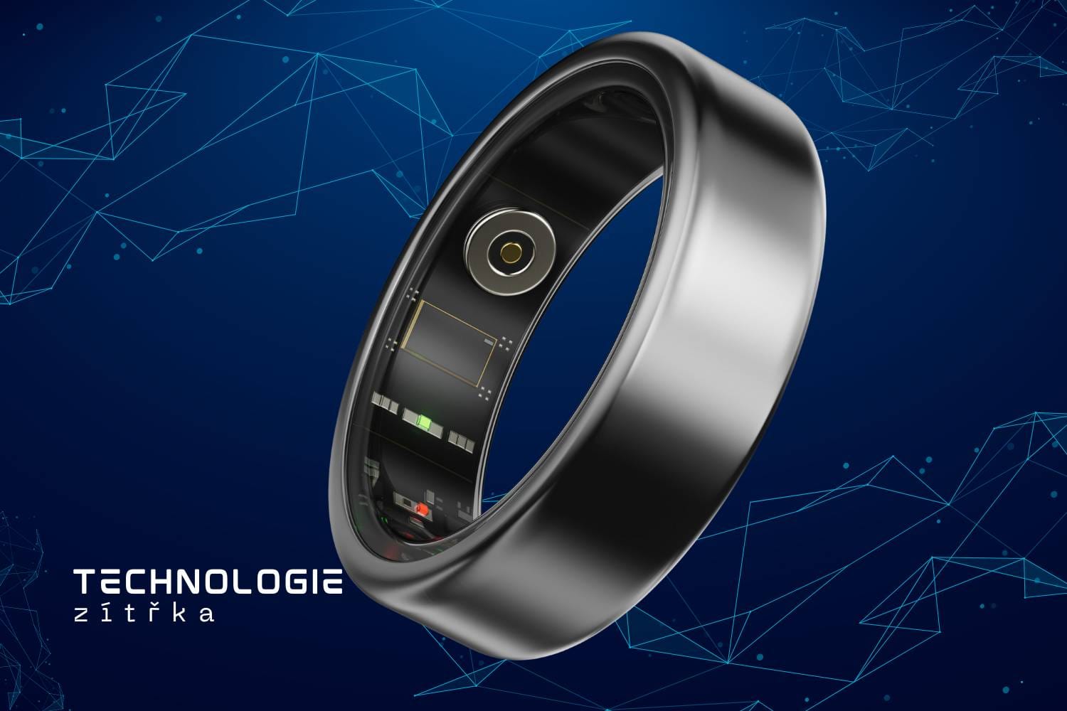 Chytrý prsten v elegantním designu, který zobrazuje vitální údaje na displeji, symbolizující pokročilou nositelnou technologii pro sledování zdraví a bezkontaktní platby.